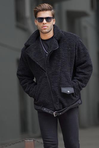 Siyah Peluş Biker Erkek Ceket 6849