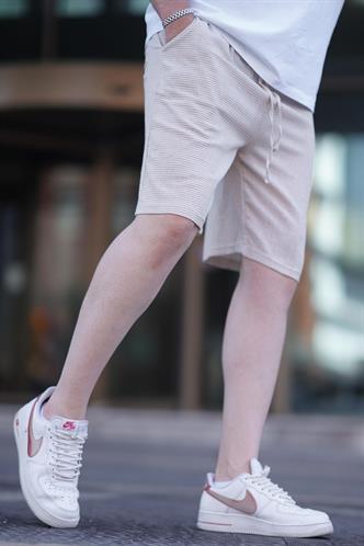 Bej Çizgili Beli Ayarlanabilir Pamuklu Keten Kısa Erkek Şort 6542