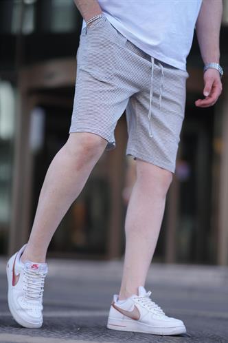 Siyah Çizgili Beli Ayarlanabilir Pamuklu Keten Kısa Erkek Şort 6542