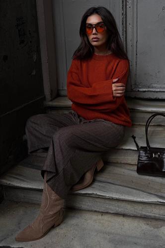 Kahverengi Ekose Desen Kemerli Kadın Bermuda MG2631