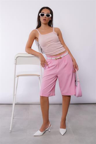 Pembe  Pileli Kadın Bermuda Şort Mg2483