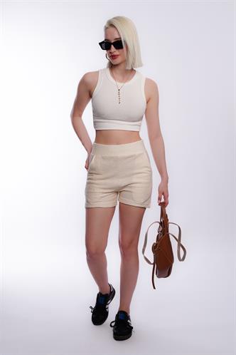 Mad Girls Krem Rengi Kaşkorse Kumaş Kadın Şort MG572