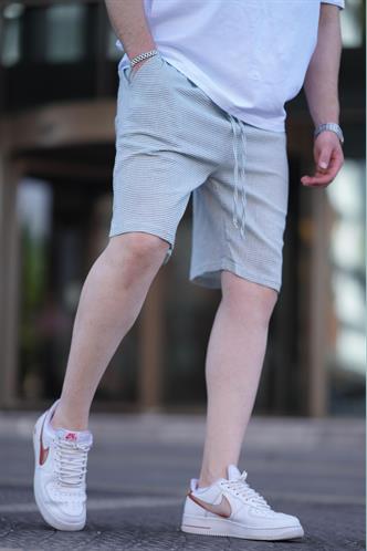 Mint Yeşili Çizgili Beli Ayarlanabilir Pamuklu Keten Kısa Erkek Şort 6542