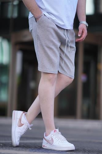 Siyah Çizgili Beli Ayarlanabilir Pamuklu Keten Kısa Erkek Şort 6542