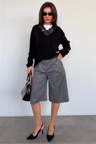 Antrasit %100 Pamuklu Cepli Kumaş Bermuda Şort MG2640