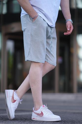 Mint Yeşili Çizgili Beli Ayarlanabilir Pamuklu Keten Kısa Erkek Şort 6542