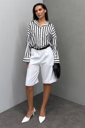 Beyaz Pileli Kadın Bermuda Şort Mg2483
