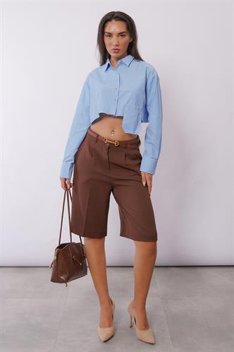 Kahverengi Pileli Kadın Bermuda Şort Mg2483