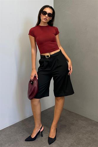 Siyah Pileli Kadın Bermuda Şort Mg2483