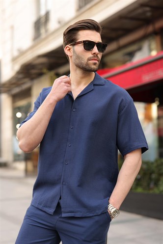 Lacivert %100 Pamuklu Erkek Şort Gömlek Takım E7360