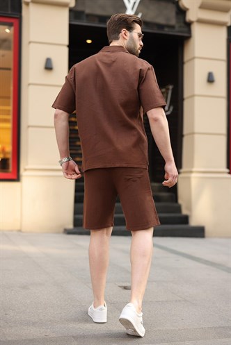 Acı Kahverengi %100 Pamuklu Erkek Şort Gömlek Takım E7360