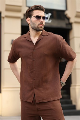 Acı Kahverengi %100 Pamuklu Erkek Şort Gömlek Takım E7360
