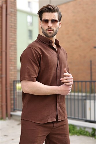 Acı Kahverengi Basic Erkek Şort Gömlek Takım E7321