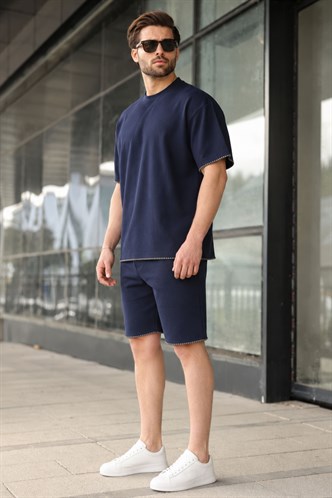 Lacivert Nakış Detaylı Erkek Şort T-shirt Takım E7305