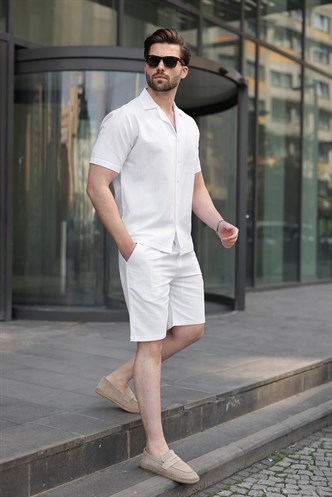 Beyaz Erkek Gömlek Şort Takımı 5956