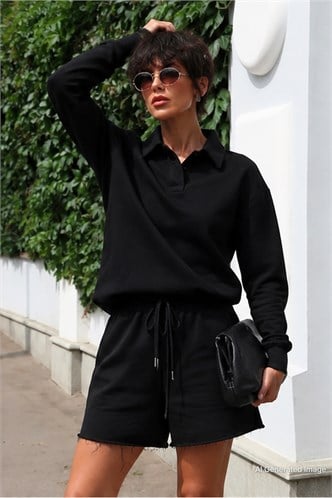 Siyah Polo Yaka Kadın Şort Sweatshirt Takım Mg2375