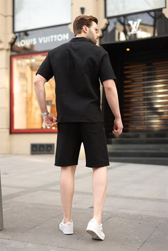 Siyah %100 Pamuklu Erkek Şort Gömlek Takım E7360