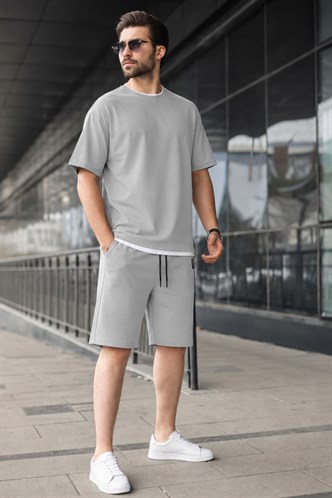 Madmext Boyalı Gri Oversize Erkek Şort Takımı 5668