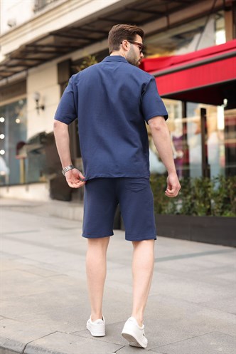 Lacivert %100 Pamuklu Erkek Şort Gömlek Takım E7360
