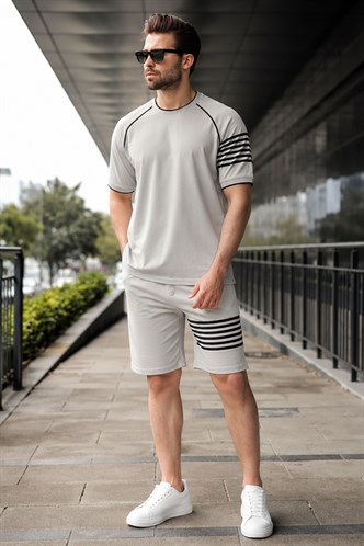 Boyalı Gri Baskılı Reglan Kol Erkek Şort T-shirt Takımı E7306