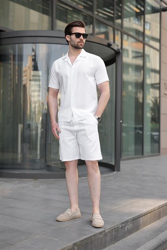 Beyaz Erkek Gömlek Şort Takımı 5956