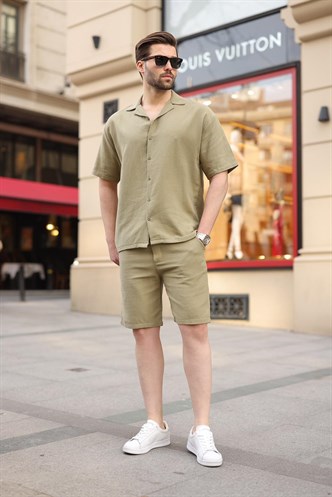 Açık Yeşil %100 Pamuklu Erkek Şort Gömlek Takım E7360