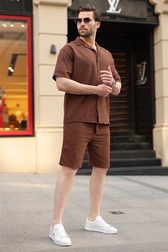 Acı Kahverengi %100 Pamuklu Erkek Şort Gömlek Takım E7360