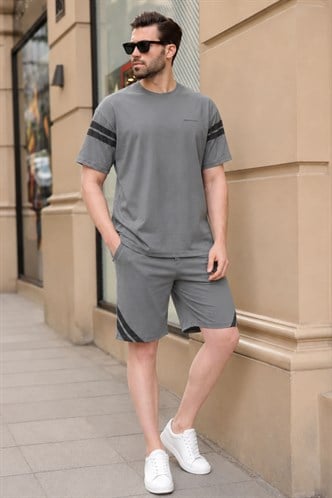 Füme Şerit Detaylı Erkek Şort T-shirt Takım E7301