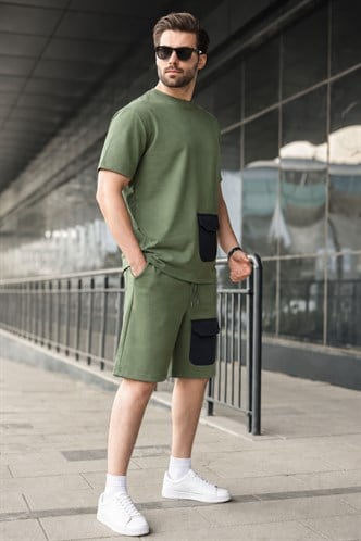 Men Khaki Green Shorts Set 5901