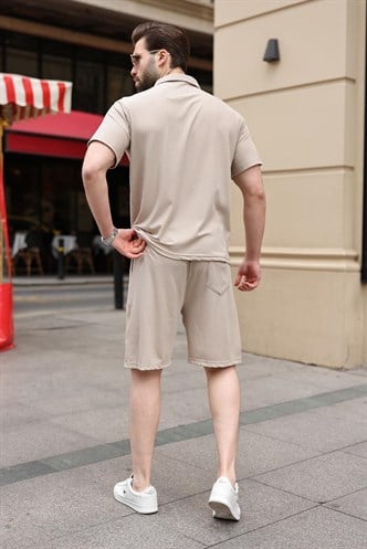 Bej Polo Yaka T-shirt Şort Takım E7363