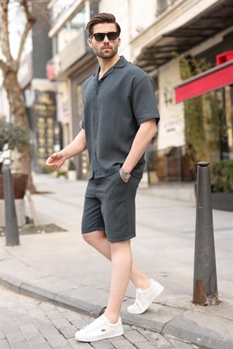 Füme %100 Pamuklu Erkek Şort Gömlek Takım E7360
