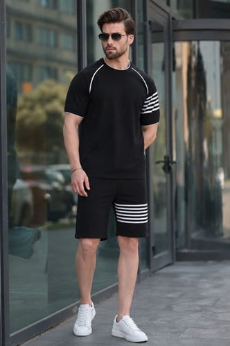 Siyah Baskılı Reglan Kol Erkek Şort T-shirt Takımı E7306