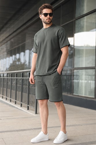 Haki Nakış Detaylı Erkek Şort T-shirt Takım E7305