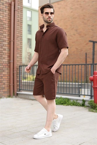 Acı Kahverengi Basic Erkek Şort Gömlek Takım E7321