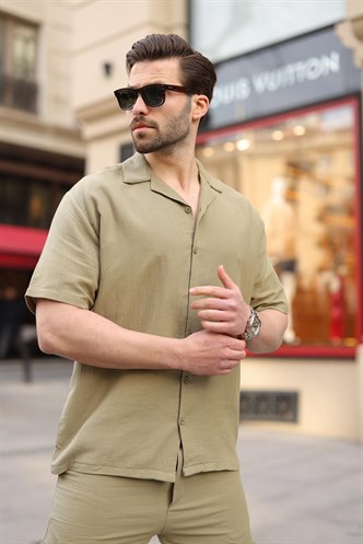 Açık Yeşil %100 Pamuklu Erkek Şort Gömlek Takım E7360