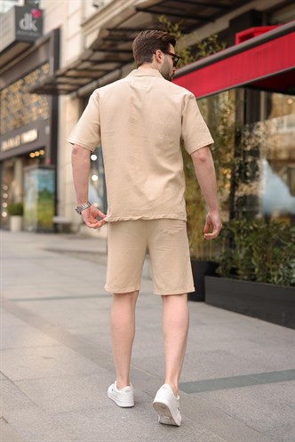 Bej %100 Pamuklu Erkek Şort Gömlek Takım E7360