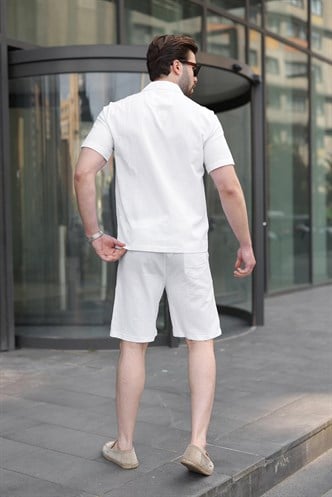 Beyaz Erkek Gömlek Şort Takımı 5956