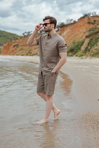 Vizon Keten Görünümlü Relax Fit Erkek Gömlek Şort Takım E7364