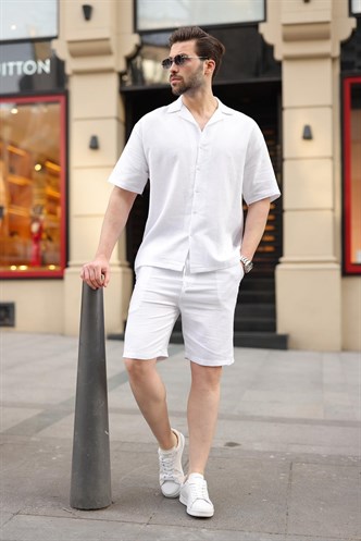 Beyaz %100 Pamuklu Erkek Şort Gömlek Takım E7360