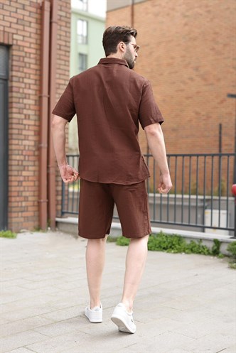 Acı Kahverengi Basic Erkek Şort Gömlek Takım E7321