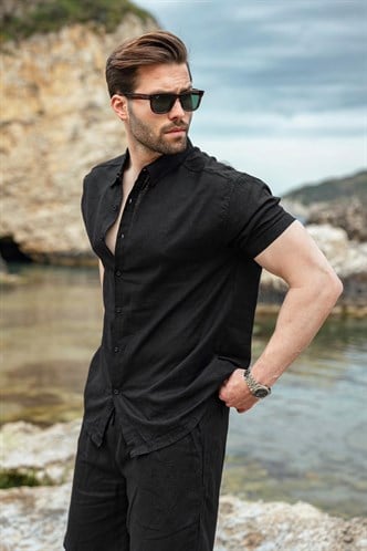 Siyah Keten Görünümlü Relax Fit Erkek Gömlek Şort Takım E7364
