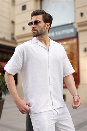 Beyaz %100 Pamuklu Erkek Şort Gömlek Takım E7360