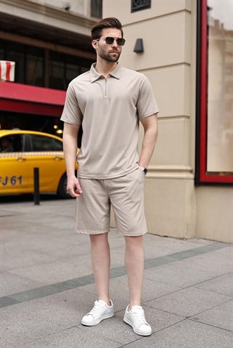 Bej Polo Yaka T-shirt Şort Takım E7363