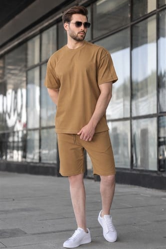 Kapüçino Overfit Baskılı Erkek Şort T-shirt Takım E7302