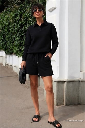 Siyah Polo Yaka Kadın Şort Sweatshirt Takım Mg2375