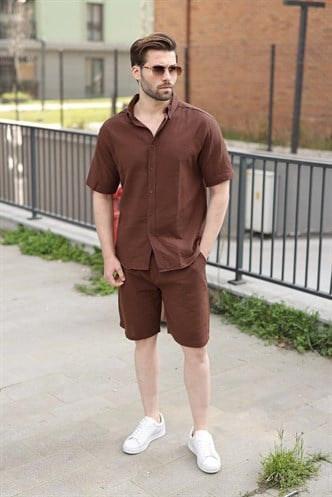 Acı Kahverengi Basic Erkek Şort Gömlek Takım E7321