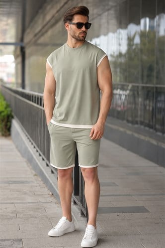 Mint Yeşili Sıfır Kol Erkek Şort T-shirt Takım E7308