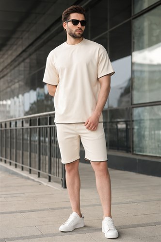 Bej Nakış Detaylı Erkek Şort T-shirt Takım E7305