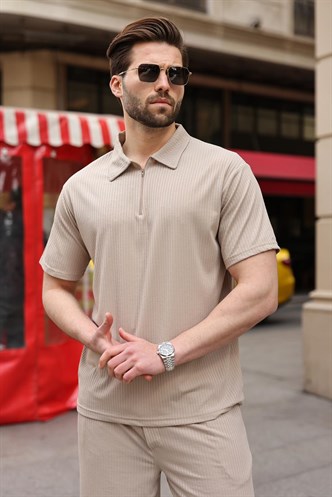 Bej Polo Yaka T-shirt Şort Takım E7363
