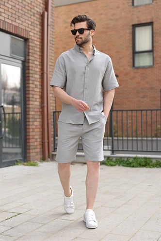 Boyalı Gri Basic Erkek Şort Gömlek Takım E7321